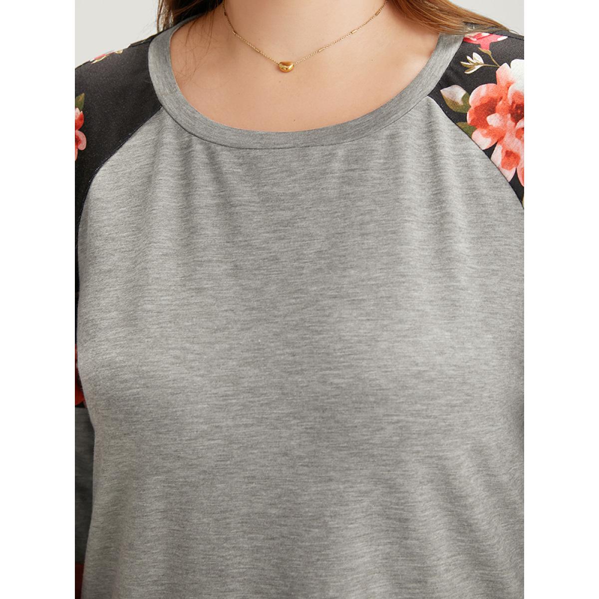 Plus Size Colorblock Contrast Floral Crew Neck Raglan Sleeve Sweatshirt Women Gray Casual Elastic cuffs Round Neck Dailywear Sweatshirts BloomChic 30/6X Product Image