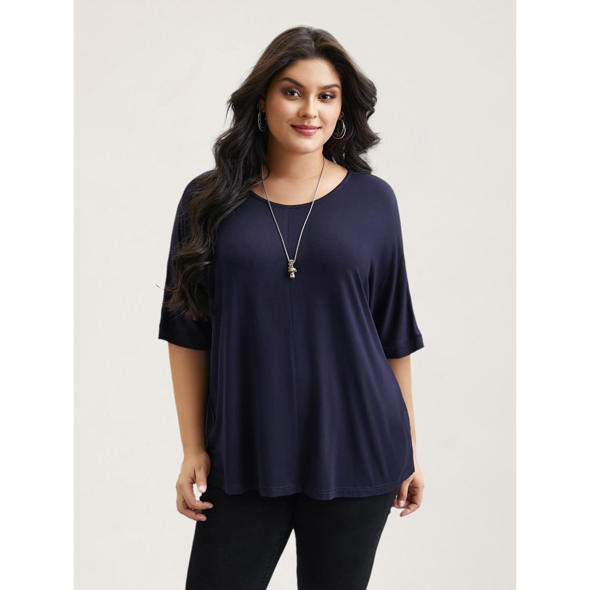 Plus Size Supersoft Round Neck Plain T-Shirt Midnight Women Leisure Non Round Neck Casual T-shirts BloomChic 28/5X Product Image