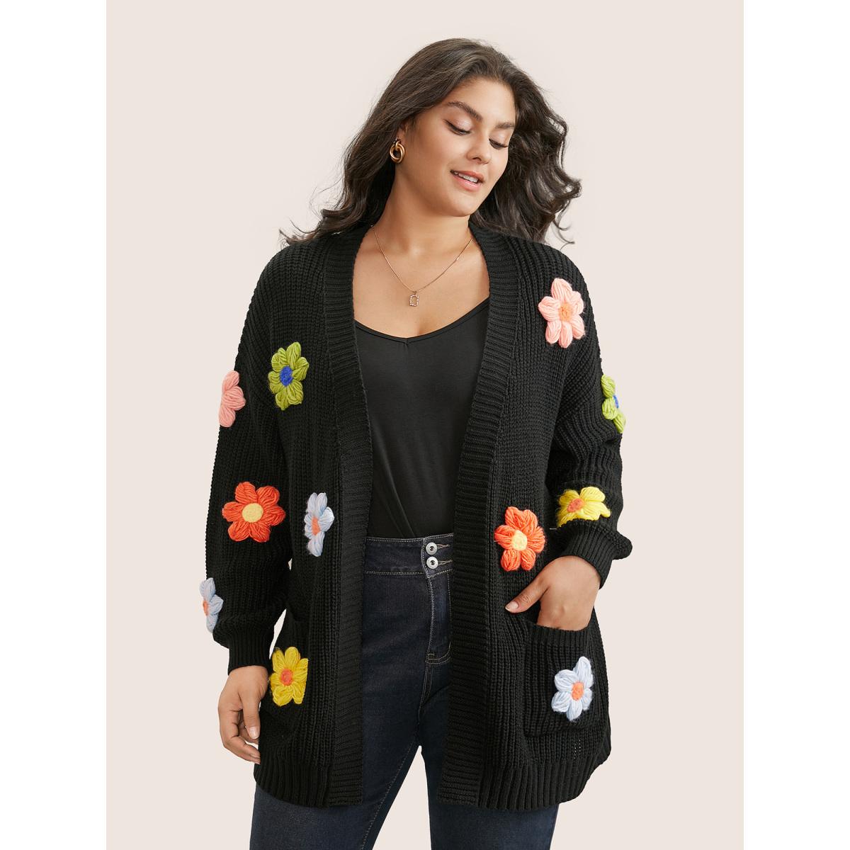 Plus Size Rainbow Floral Pocket Open Front Cardigan Black Women Playful Long Sleeve Casual Cardigans BloomChic 26/4X Product Image