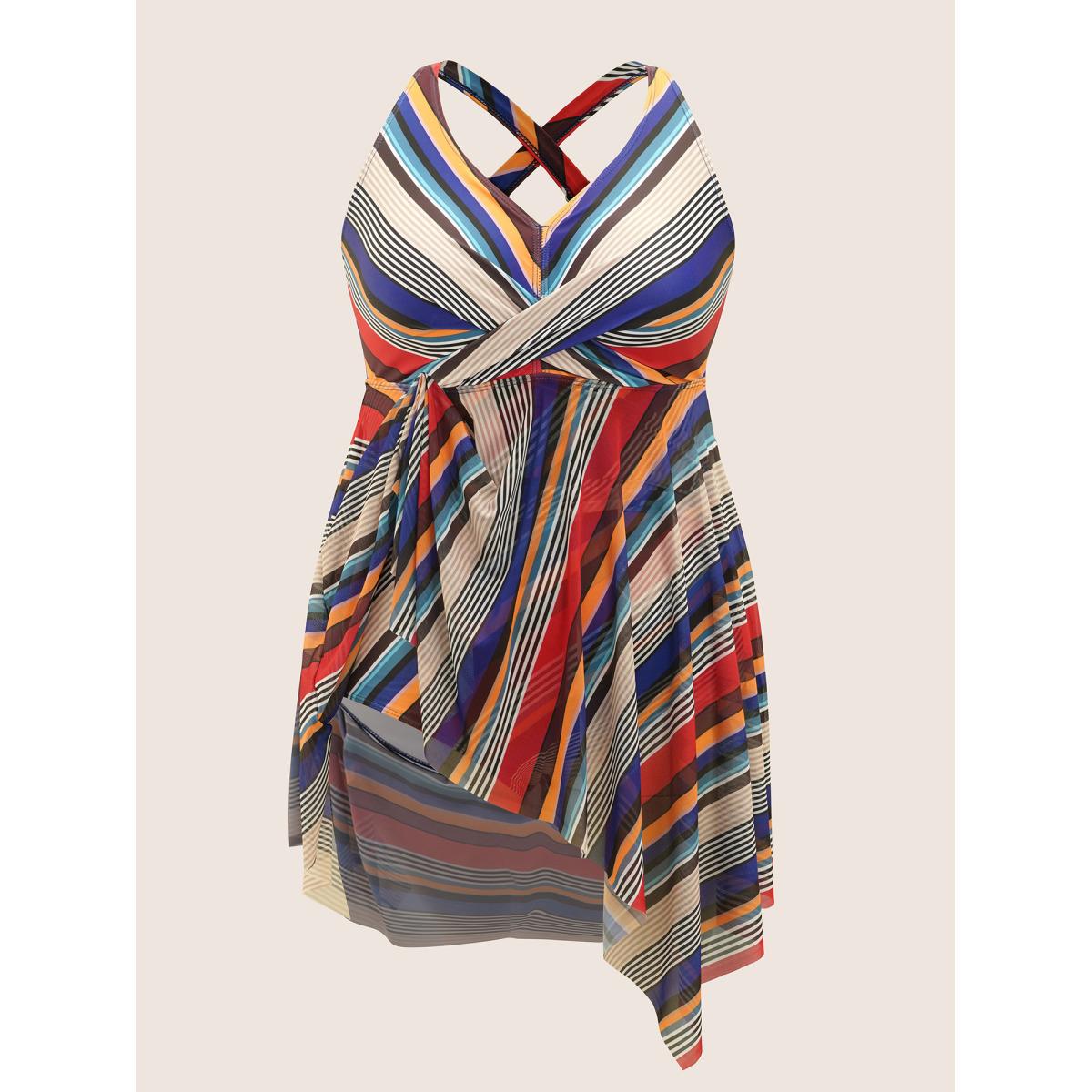 Plus Size Color Stripes Twist Hanky Hem Swim Dress Women's Swimwear Multicolor Beach Bodycon V-neck High stretch Curve Swim Dresses BloomChic 26/4X Product Image