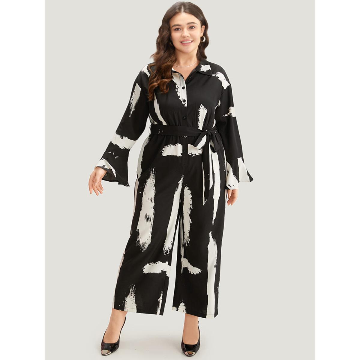 Plus Size BlackFlower Brush Print Button Up Belted Bell Sleeve Jumpsuit Women Office Long Sleeve Shirt collar Office Loose Jumpsuits BloomChic 26/4X Product Image