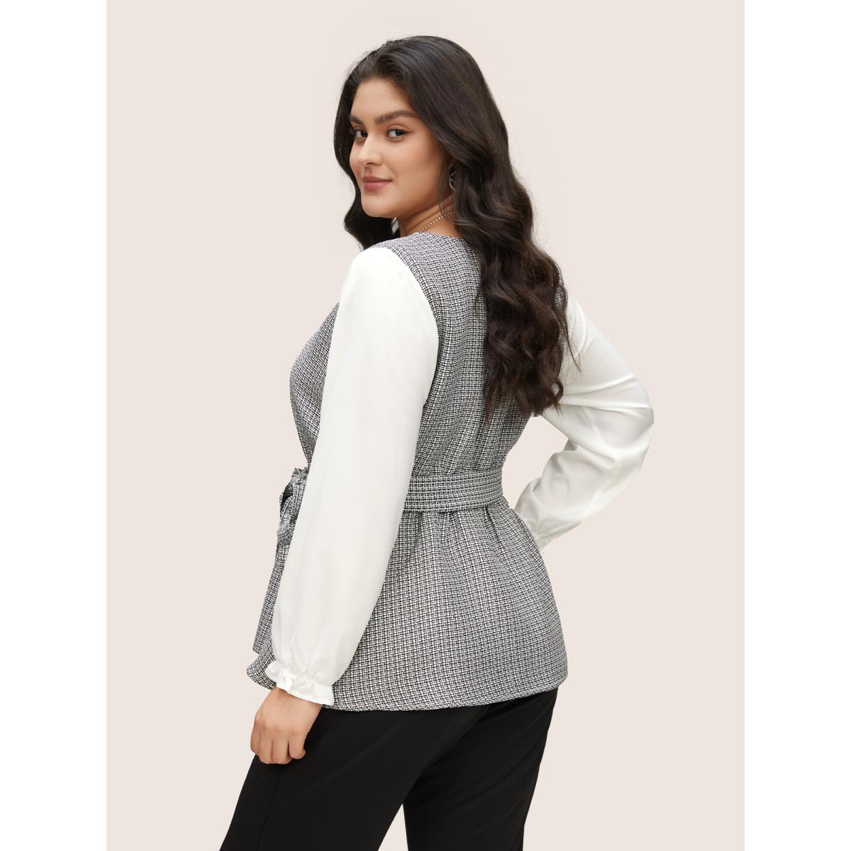 Plus Size Multicolor Notched Tweed Patchwork Belted Blouse Women Office Long Sleeve Notched collar Work Blouses BloomChic 12/L Product Image