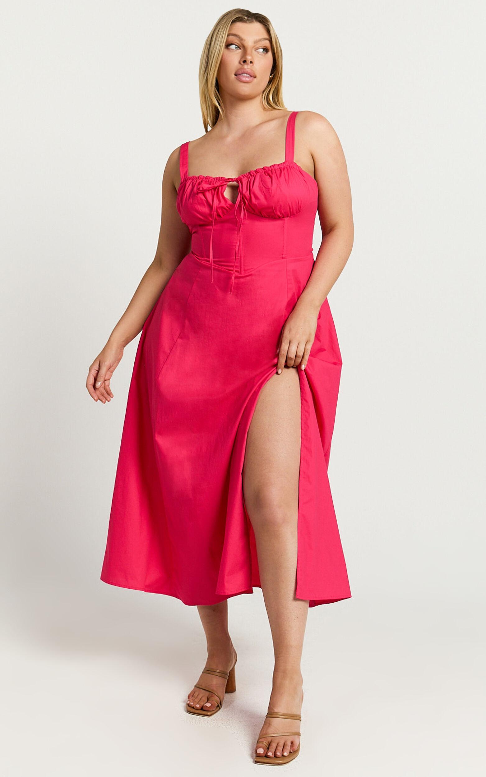 Maiya Midi Dress - Tie Front Fitted Bodice Dress in Hot Pink Product Image