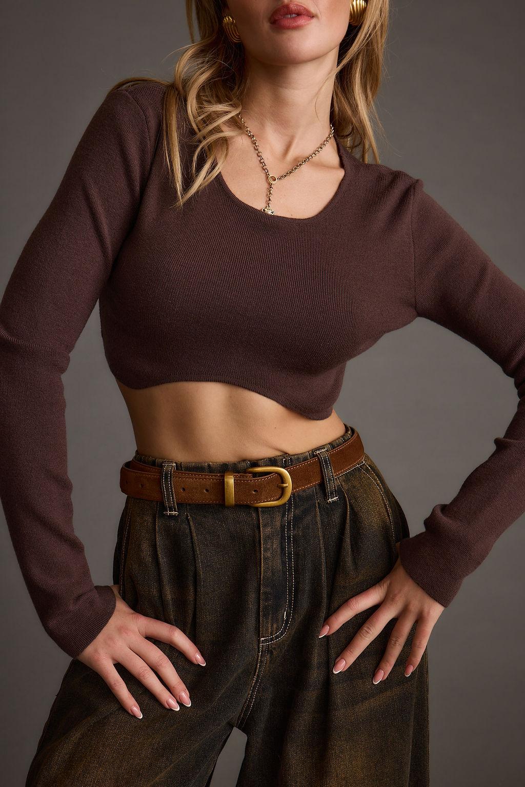 Malorie Brown Cropped Ribbed Sweater Product Image