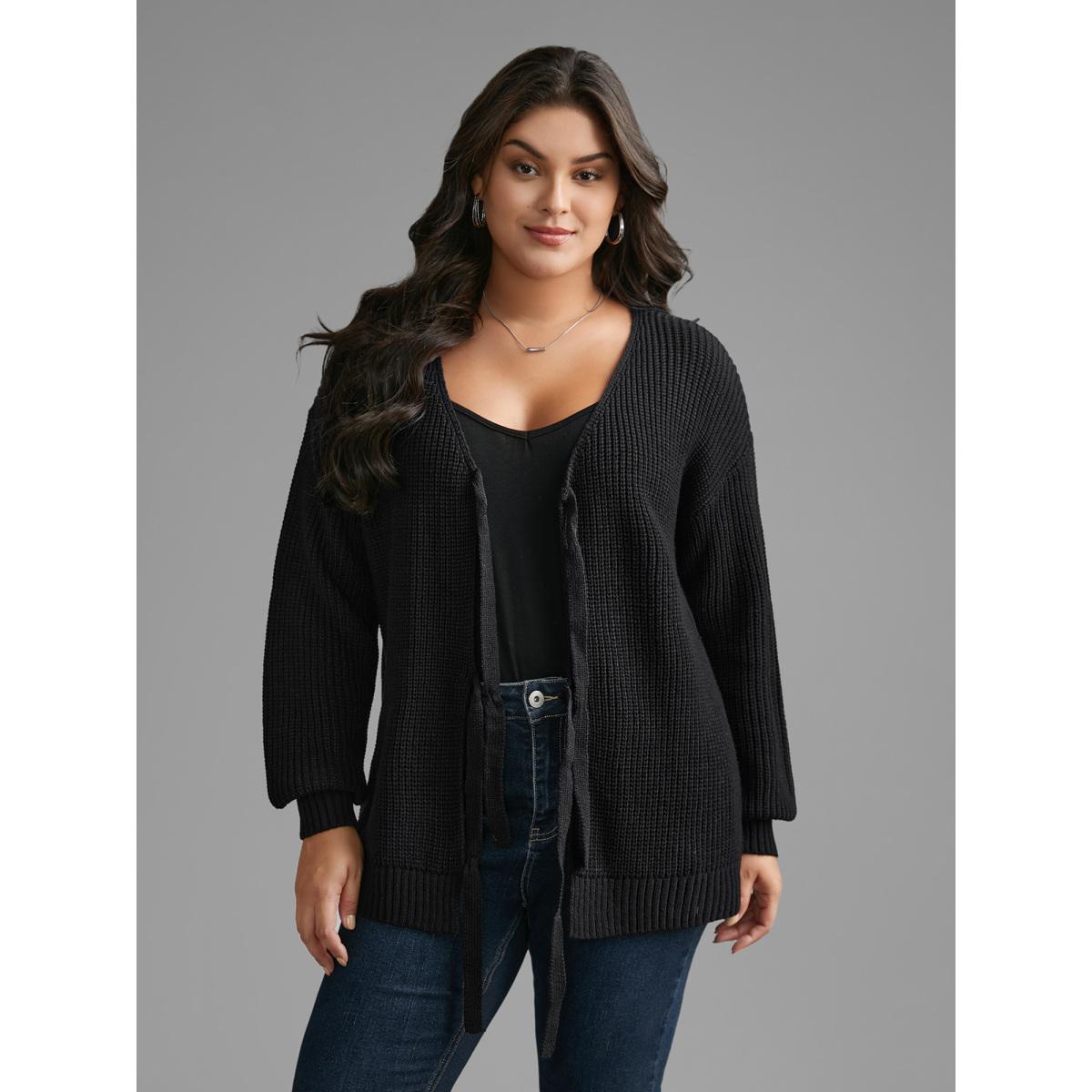 Plus Size Supersoft Essentials Solid Tie Knot Cardigan Black Women Casual Bodycon Long Sleeve Everyday Cardigans BloomChic 18-20/2X Product Image