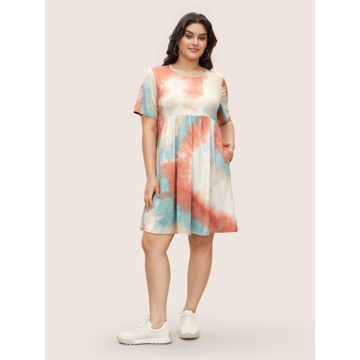 Plus Size Tie Dye Pocket Ruffle Hem Knee Dress Crepe Women Casual Non Round Neck Short sleeve Curvy Knee Dress BloomChic 14-16/1X Product Image