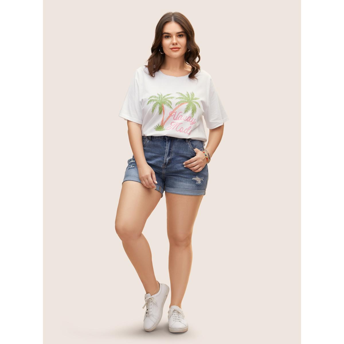 Plus Size Cotton Vacation Tropical Print Round Neck T-shirt Originalwhite Women Resort Contrast Tropical Round Neck Vacation T-shirts BloomChic 12/L Product Image
