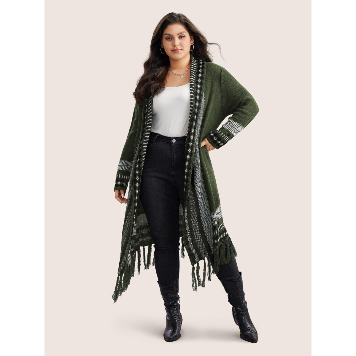 Plus Size Bandana Print Fringe Trim Maxi Cardigan ArmyGreen Women Casual Long Sleeve Everyday Cardigans BloomChic 10/M Product Image