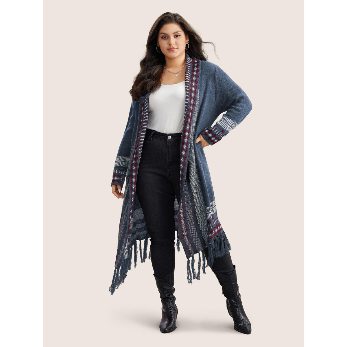 Plus Size Bandana Print Fringe Trim Maxi Cardigan Stone Women Casual Long Sleeve Everyday Cardigans BloomChic 26/4X Product Image