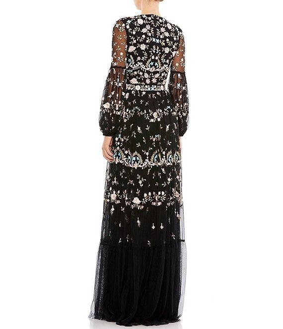 Mac Duggal Long Sheer Sleeve Crew Neck Floral Print Embroidered Tiered A-Line Gown Product Image