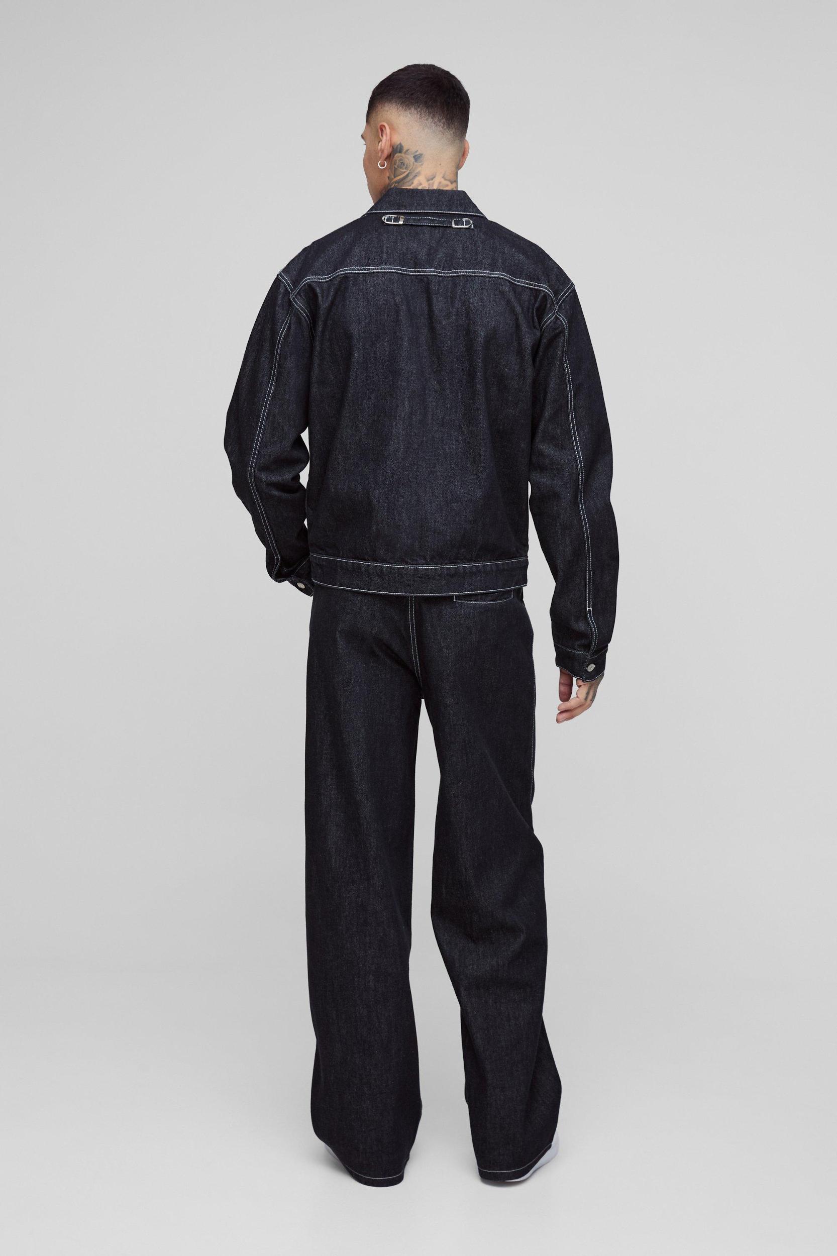 Tall Boxy Contrast Stitch Jean Jacket | boohooMAN USA Product Image