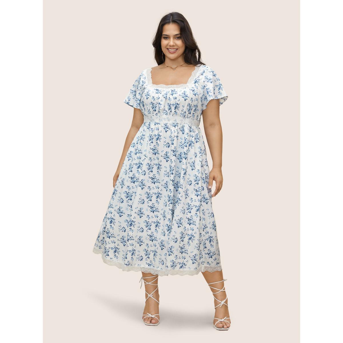 Plus Size Square Neck Lace Panel Pocket Dress LightBlue Women Elegant Woven ribbon&lace trim Square Neck Short sleeve Curvy BloomChic 22-24/3X Product Image