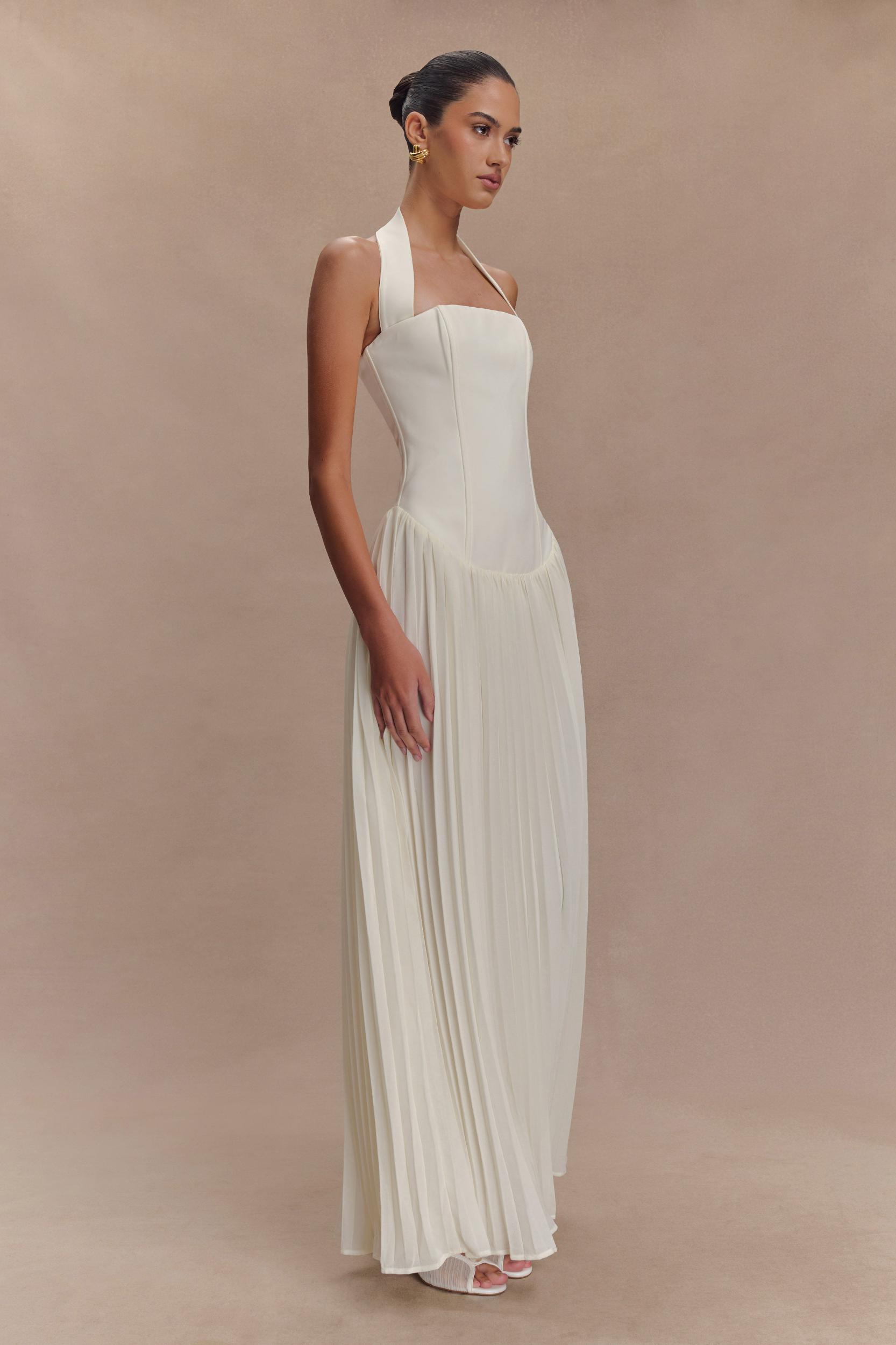 Stacie Pleated Halter Maxi Dress - Ivory Product Image