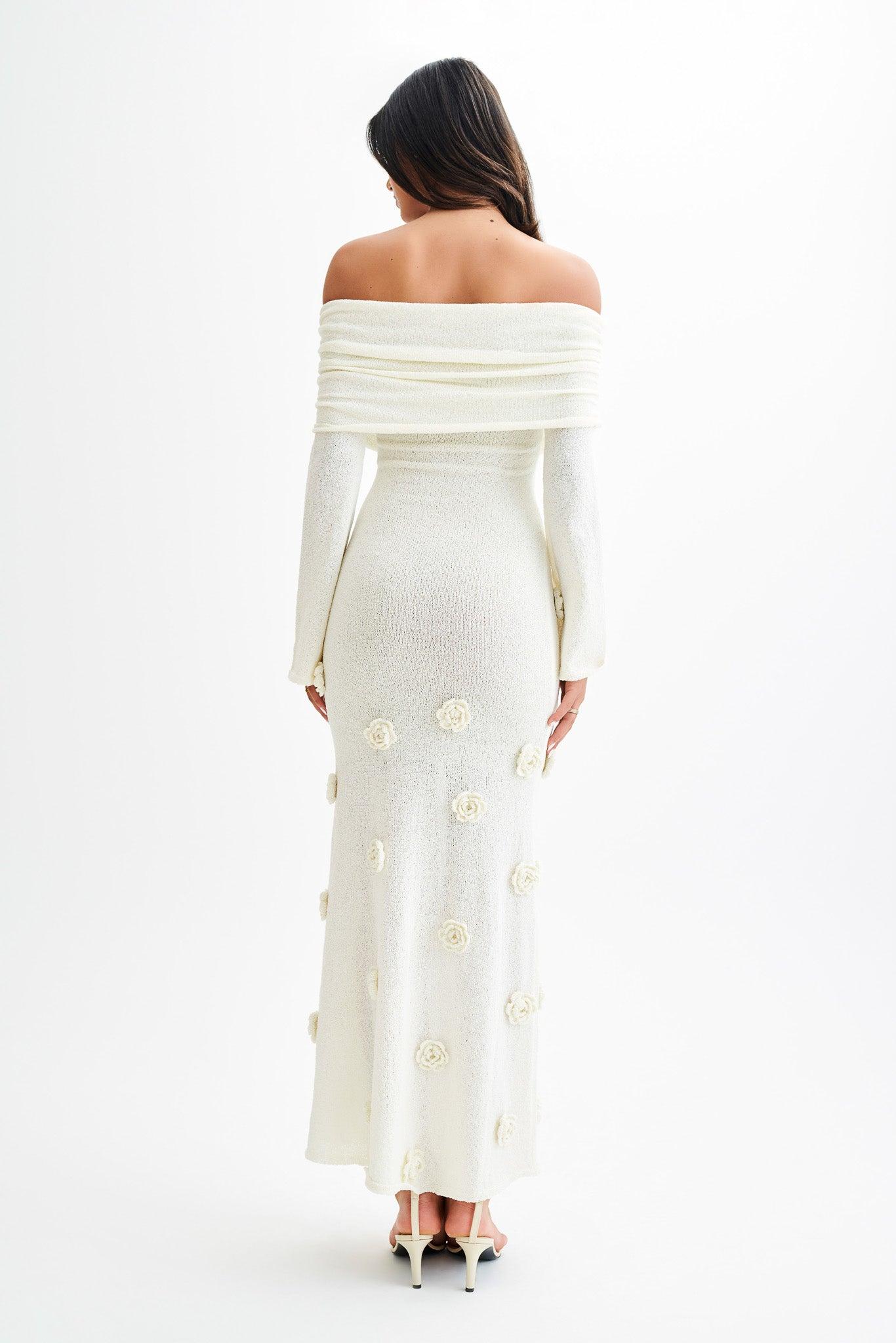 Kiki Off Shoulder Knit Rose Maxi Dress - Ivory Product Image