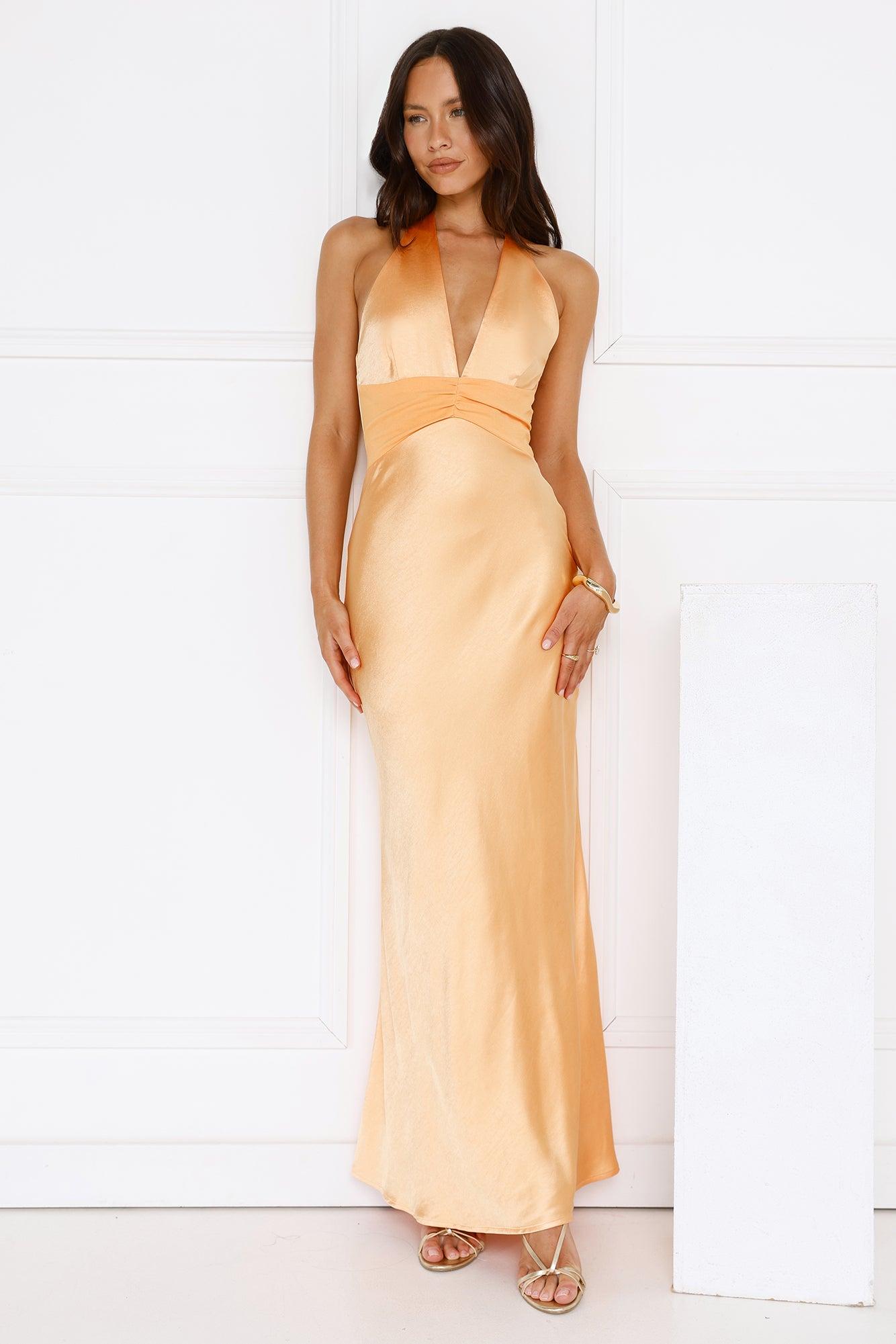 Spiced Sunset Satin Halter Maxi Dress Orange Product Image