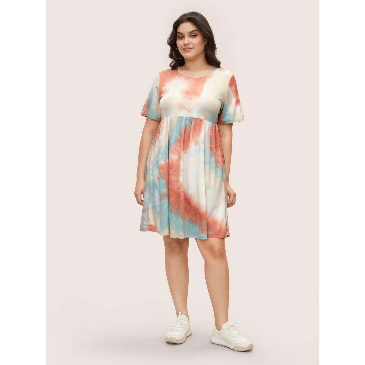 Plus Size Tie Dye Pocket Ruffle Hem Knee Dress Crepe Women Casual Non Round Neck Short sleeve Curvy Knee Dress BloomChic 14-16/1X Product Image