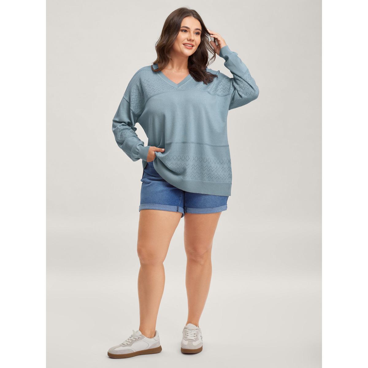 Plus Size Supersoft Textured Eyelet Trim Pullover LightBlue Women Leisure Loose Long Sleeve V-neck Casual Pullovers BloomChic 14-16/1X Product Image
