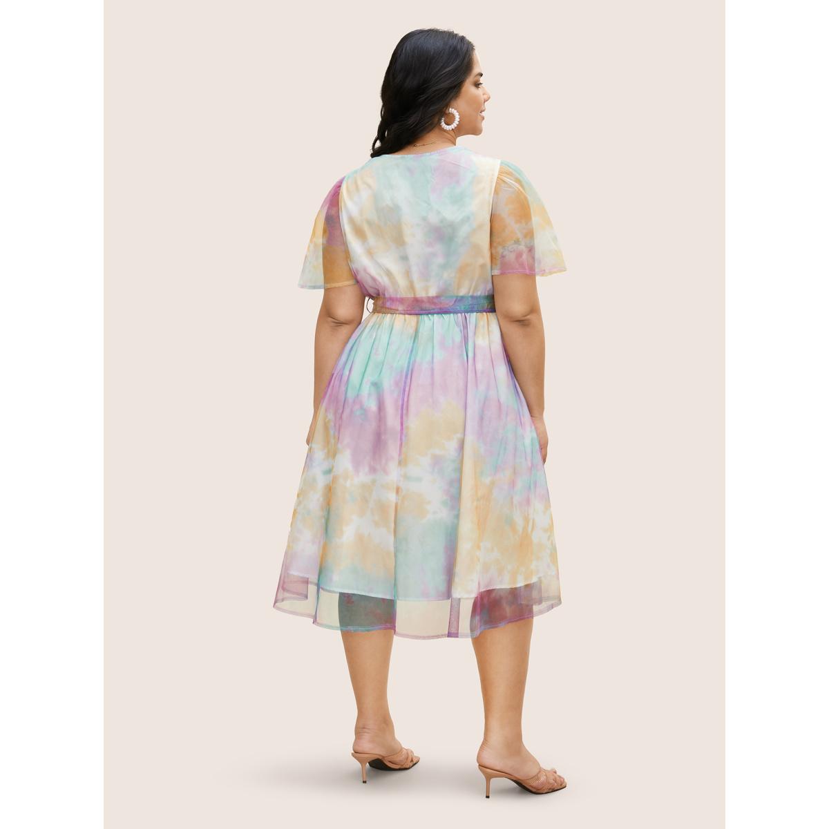 Plus Size Tie Dye Wrap Belted Midi Dress Multicolor Women Elegant Belted Overlap Collar Short sleeve Curvy BloomChic 30/6X Product Image