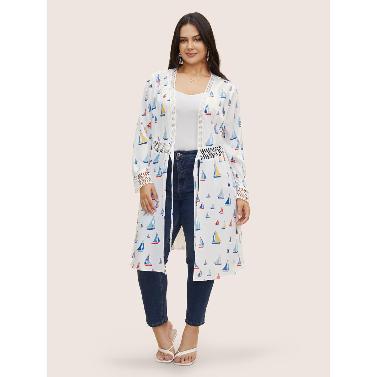 Plus Size Marine Elements Knotted Cut Out Kimono Women Indigo Resort Contrast Vacation Kimonos BloomChic 10/M Product Image