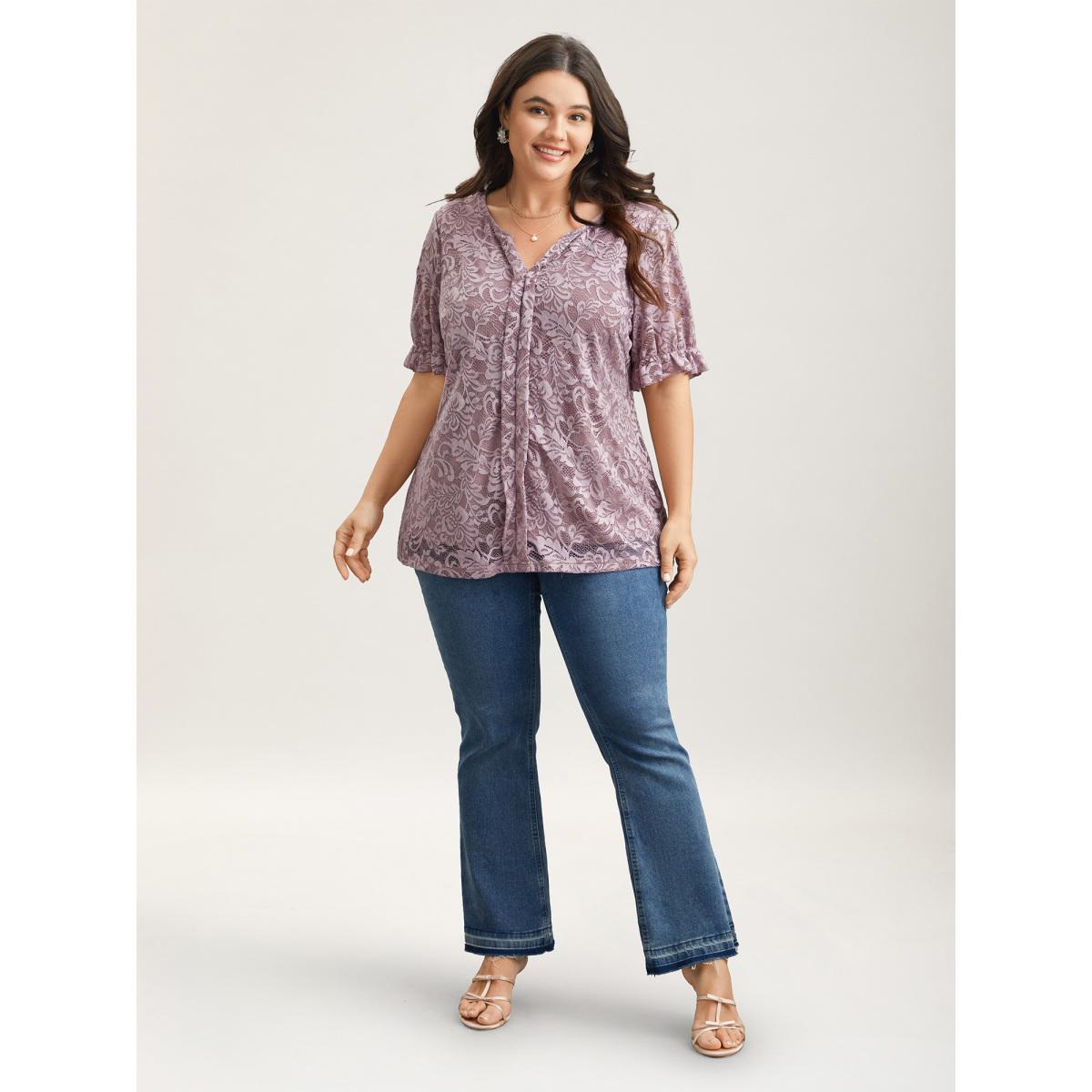 Plus Size Heather Lace Ruffled Puff Sleeve Shirt Women Elegant Short sleeve Notched collar Everyday Blouses BloomChic 10/M Product Image