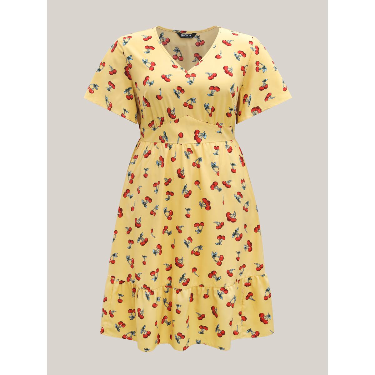 Plus Size Cherry Print Stretchy Cinched-Waist Midi Dress Lemonyellow Women Timeless V-neck Short sleeve Curvy BloomChic 28/5X Product Image