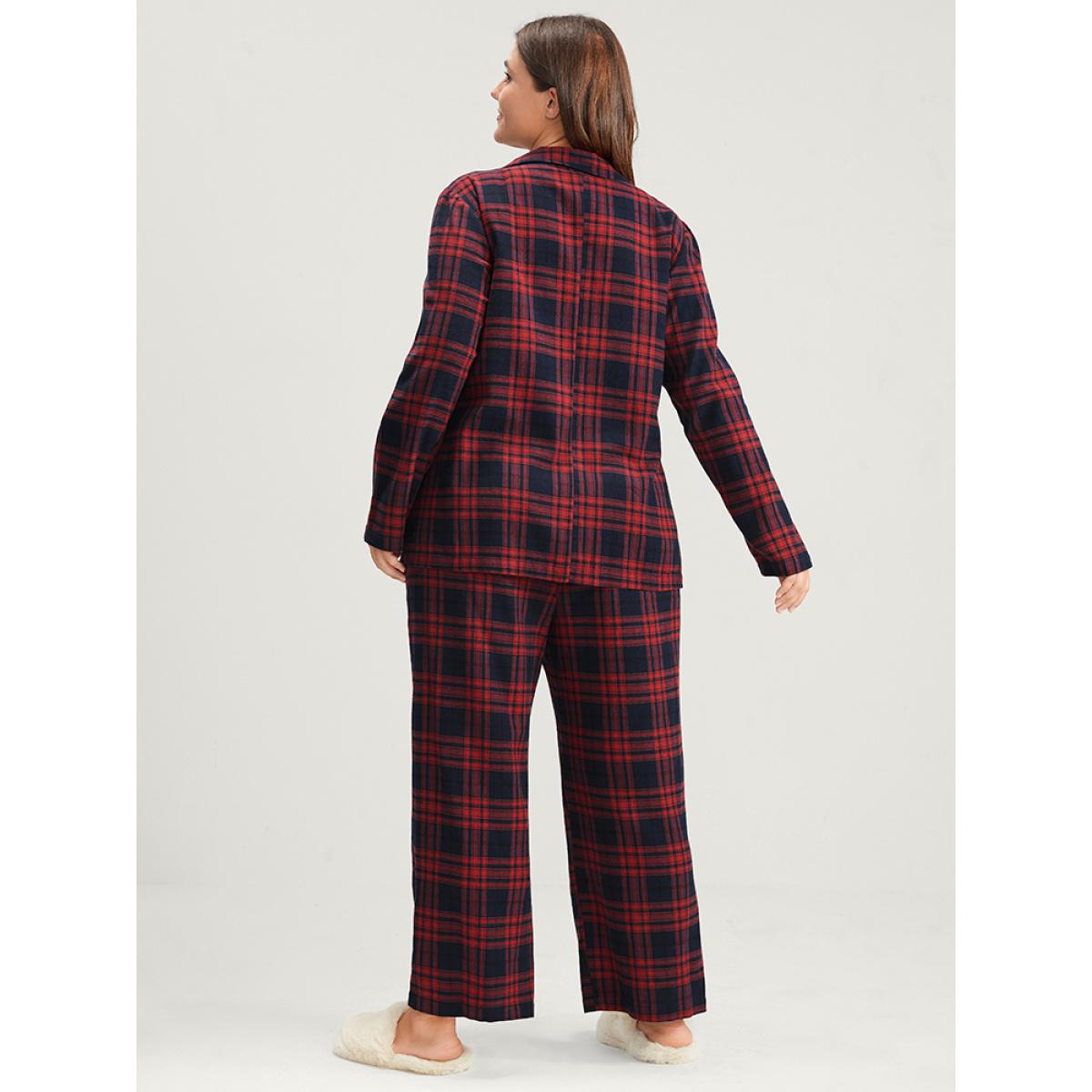 Plus Size Tartan Suit Collar Button Up Pocket Pajama Set Women Navy Plaid Button Long Sleeve Suit Collar Casual Loungewear Sets BloomChic 14-16/1X Product Image