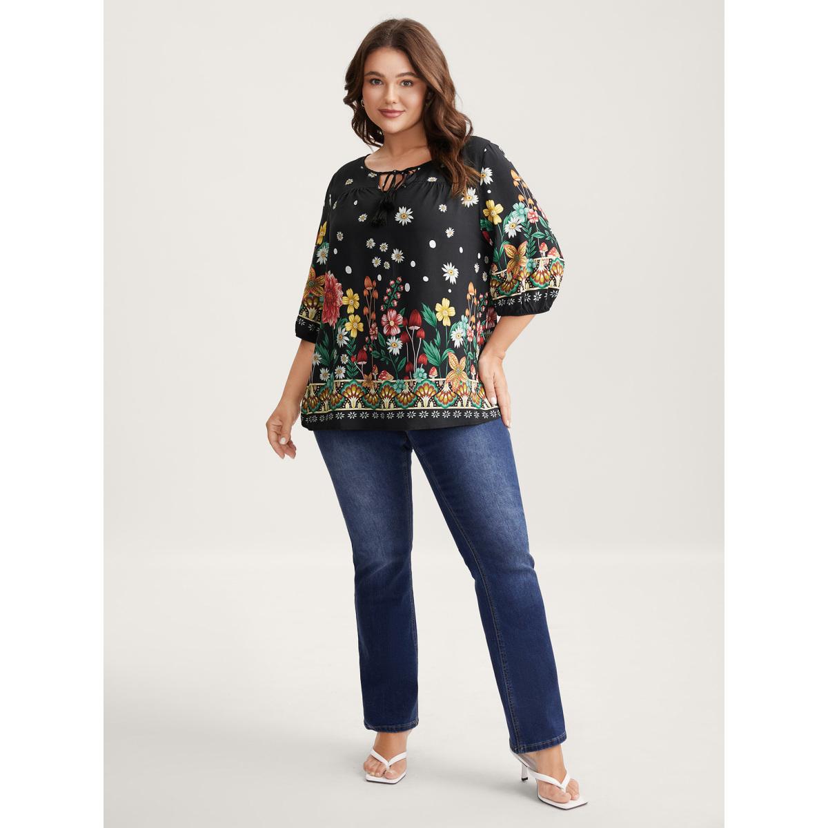Plus Size Black Colorful Floral Pleated Tassel Blouse Women Elbow-length sleeve Flat collar with V-notch Everyday-Elegant Blouses BloomChic 28/5X Product Image