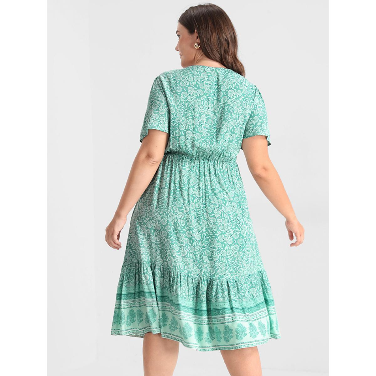 Plus Size Ditsy Floral Ruffled Knotted Wrap Dress Aquamarine Women Elegant Ruffles V-neck Short sleeve Curvy Knee Dress BloomChic 22-24/3X Product Image