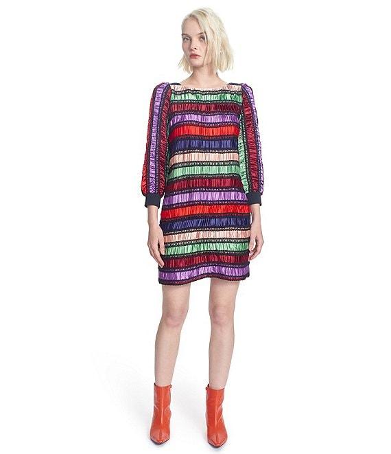 COREY LYNN CALTER Orion Woven Stripe Pattern Boat Neck Long Sleeve Shift Dress Product Image