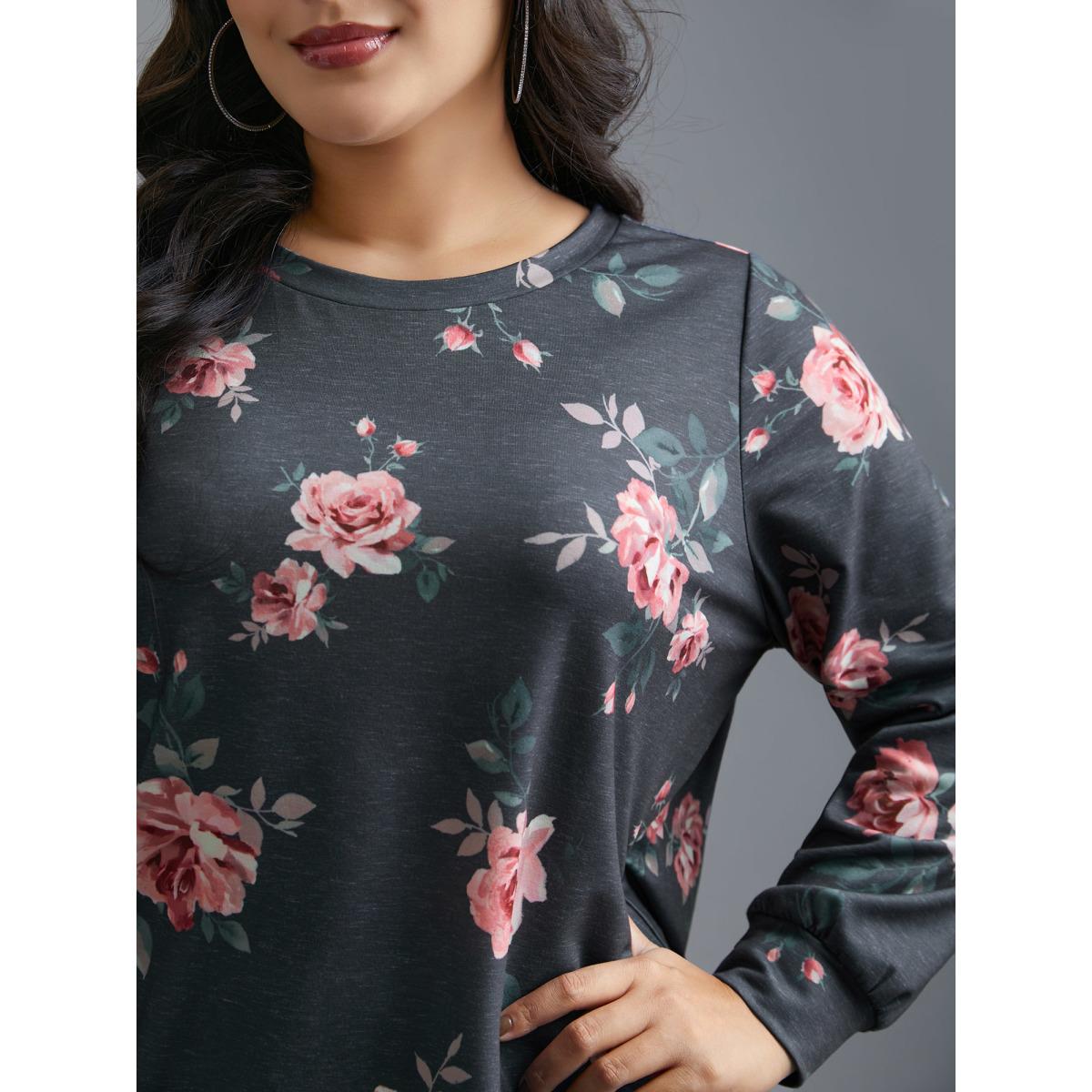 Plus Size Stretchy Floral Paint Sweatshirt Women BlackFlower Casual Contrast Round Neck Everyday Sweatshirts BloomChic 18-20/2X Product Image