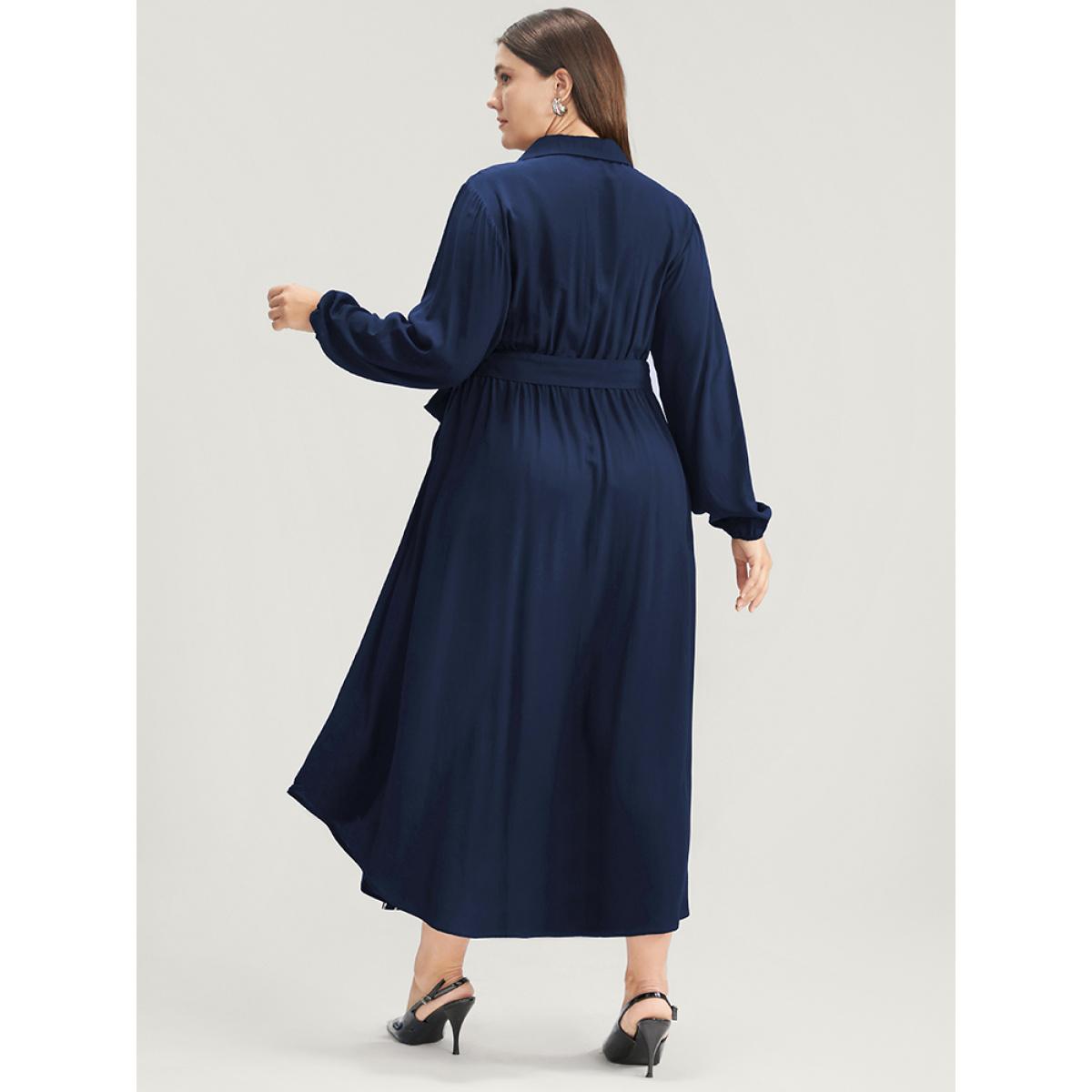Plus Size Striped Contrast Pocket Button Detail Belted Dress Navy Women Office Pocket Shirt collar Long Sleeve Curvy Long Dress BloomChic 28/5X Product Image