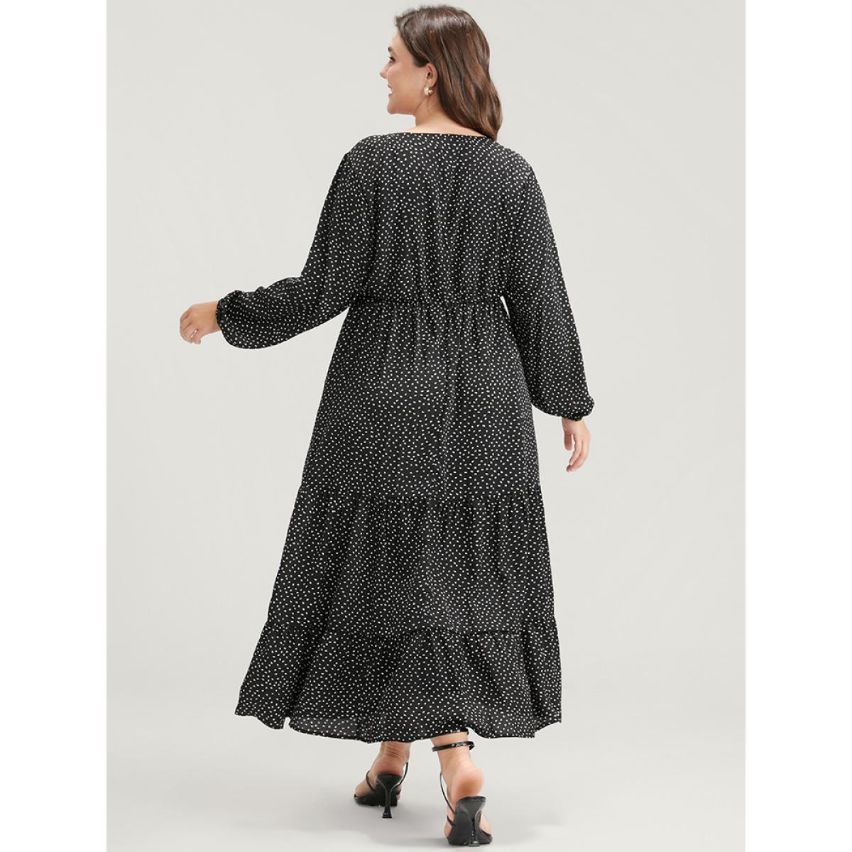 Plus Size Polka Dot Pocket Wrap Ruffles Tiered Dress Without Belt Black Women Elegant Elastic Waist V-neck Long Sleeve Curvy Long Dress BloomChic 12/L Product Image