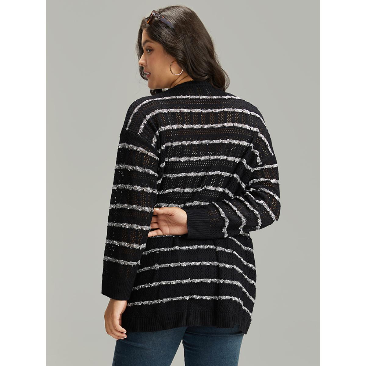 Plus Size Striped Eyelet Curved Hem Patched Pocket Cardigan Black Women Casual Loose Long Sleeve Dailywear Cardigans BloomChic 30/6X Product Image