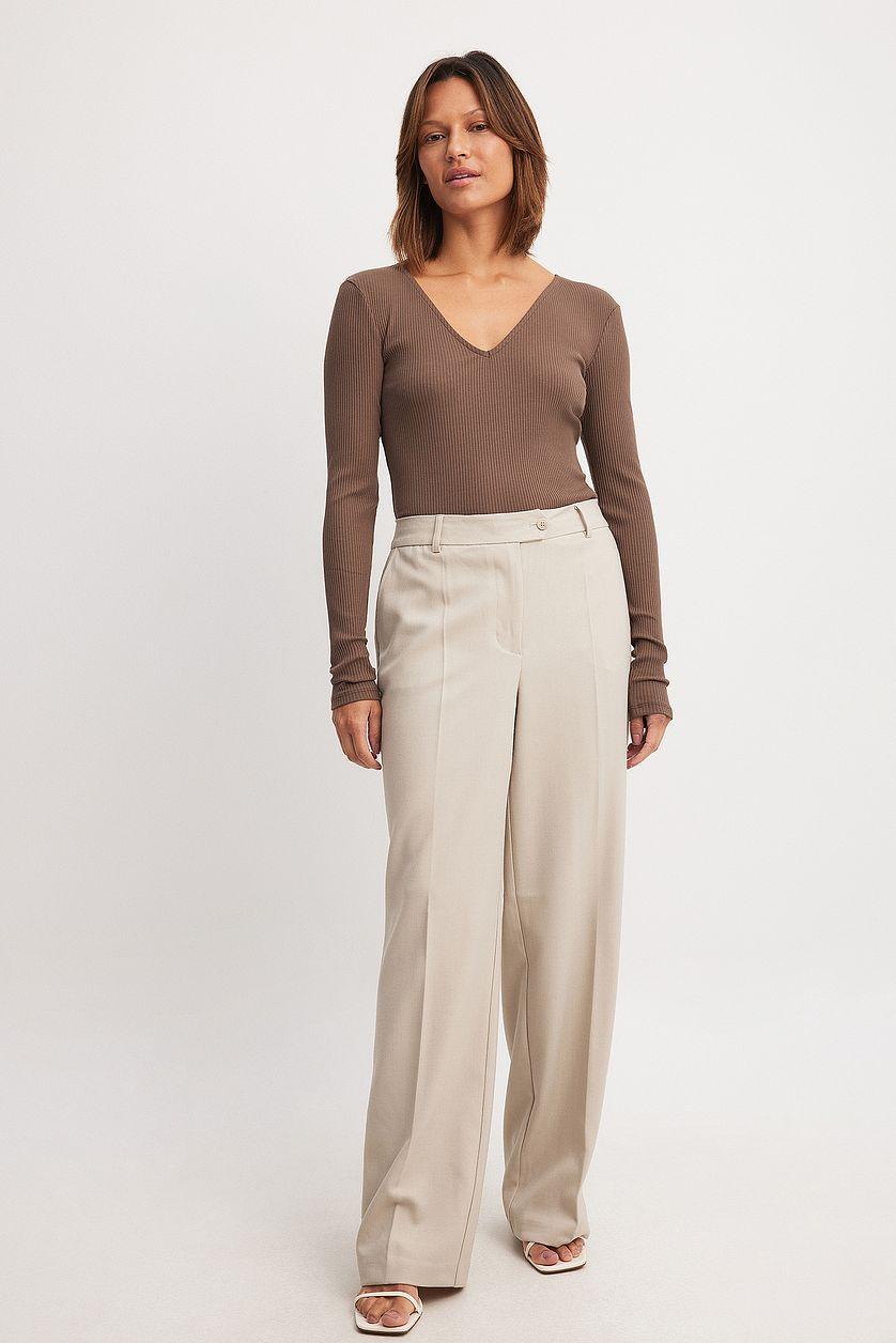 V-Neck Ribbed Long Sleeve Top Product Image