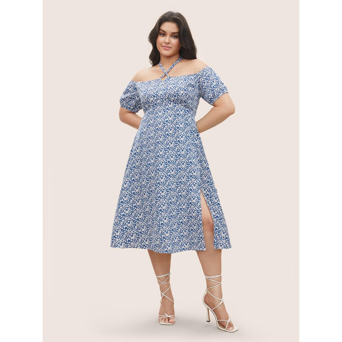 Plus Size Ditsy Floral One Shoulder Neck Cross Straps Dress Blue Women Elegant Non One-shoulder neck Short sleeve Curvy Midi Dress BloomChic 22-24/3X Product Image