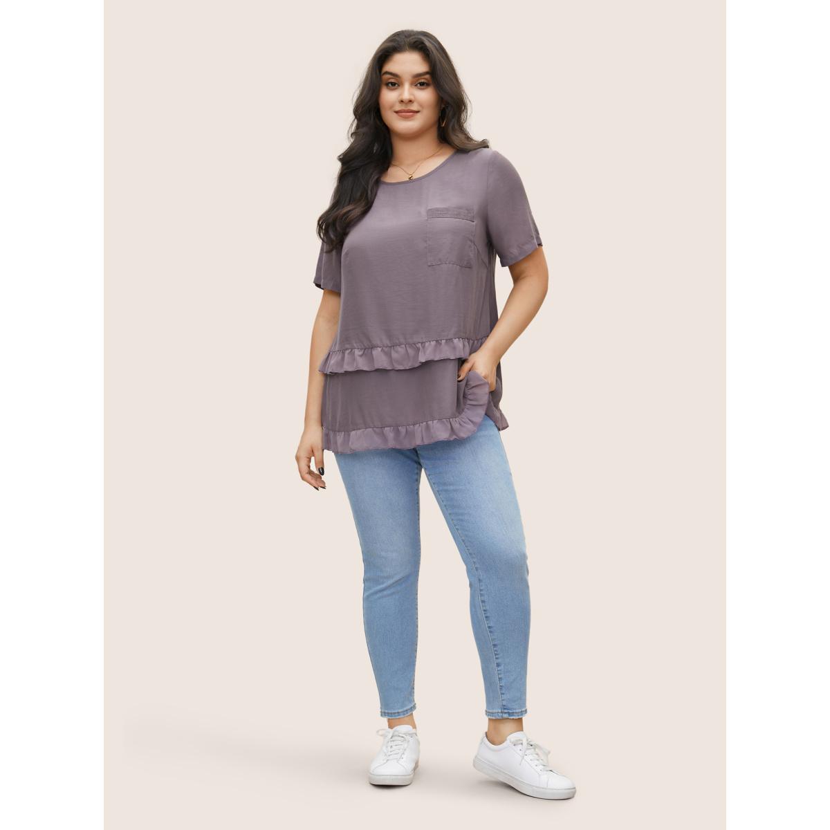 Plus Size Mauve Plain Tiered Ruffles Patched Pocket Blouse Women Casual Short sleeve Round Neck Everyday Blouses BloomChic 30/6X Product Image