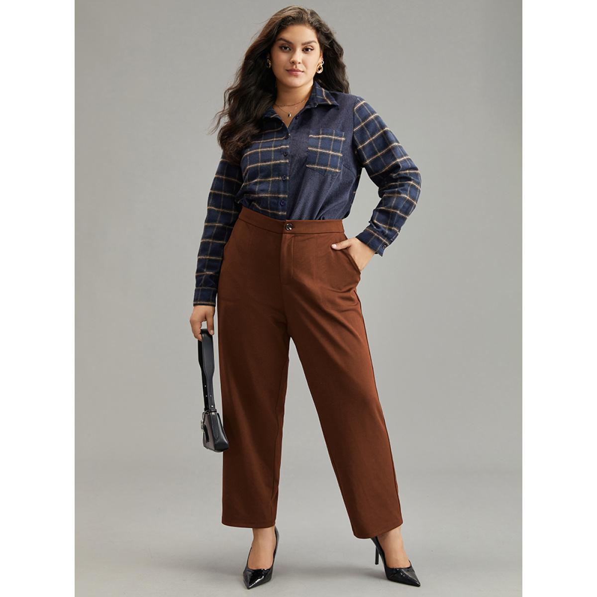 Plus Size Plain Elastic Waist Pocket Mid Rise Pants Women DarkBrown Office Mid Rise Office Pants BloomChic 14-16/1X Product Image