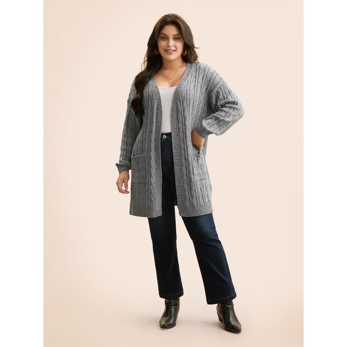 Plus Size Cable Knit Drop Shoulder Sleeve Cardigan Mediumgray Women Casual Loose Long Sleeve Everyday Cardigans BloomChic 14-16/1X Product Image
