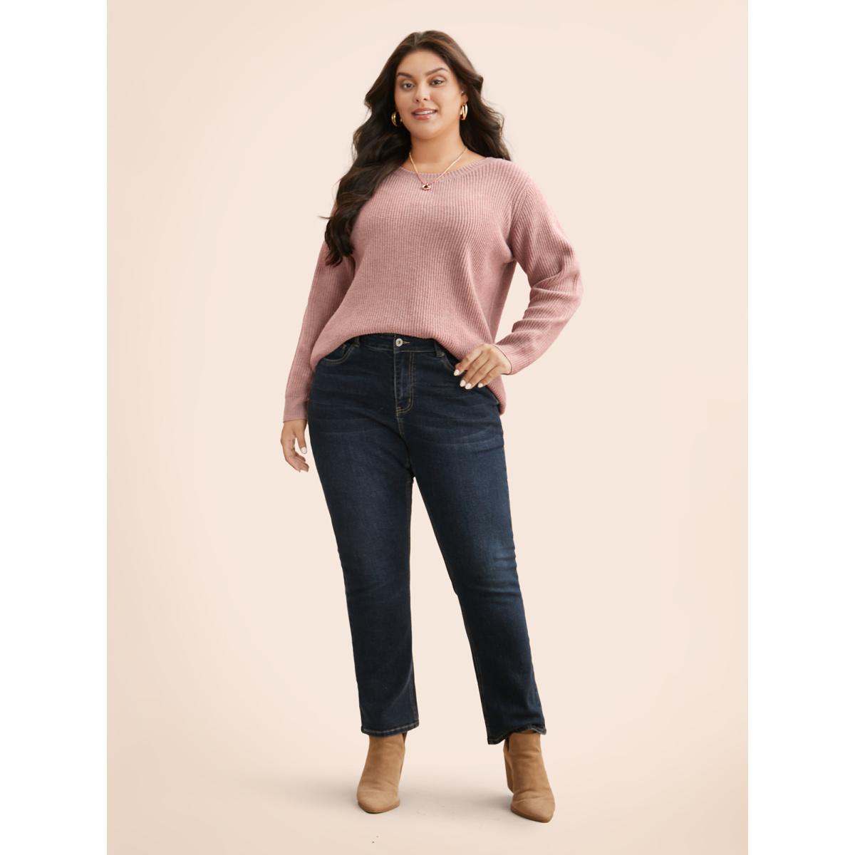 Plus Size Round Neck Texture Back Bowknot Pullover Crepe Women Casual Loose Long Sleeve Round Neck Everyday Pullovers BloomChic 18-20/2X Product Image
