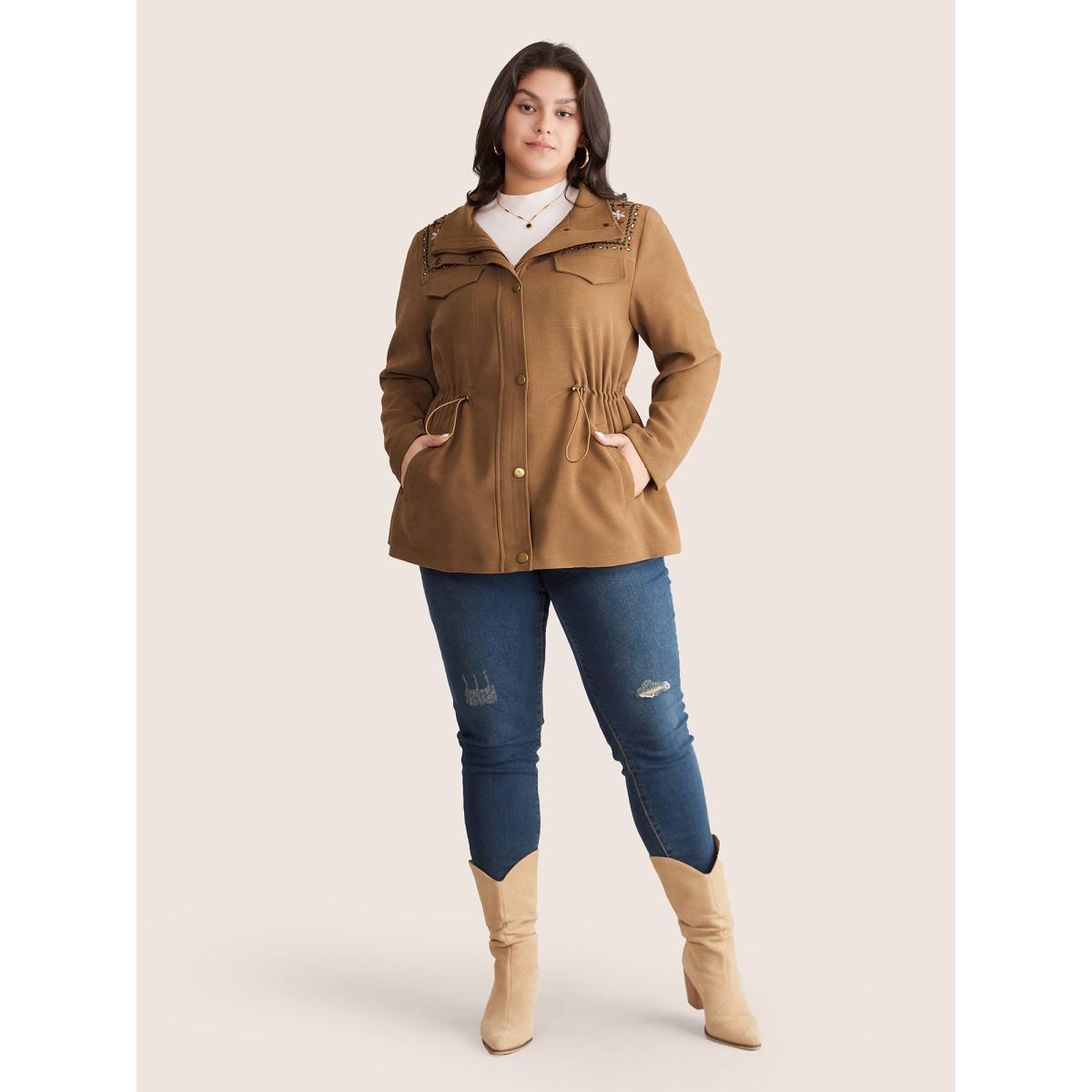 Plus Size Ditsy Floral Embroidered Drawstring Pocket Jacket Women LightBrown Lined Pocket Dailywear Jackets BloomChic 12/L Product Image