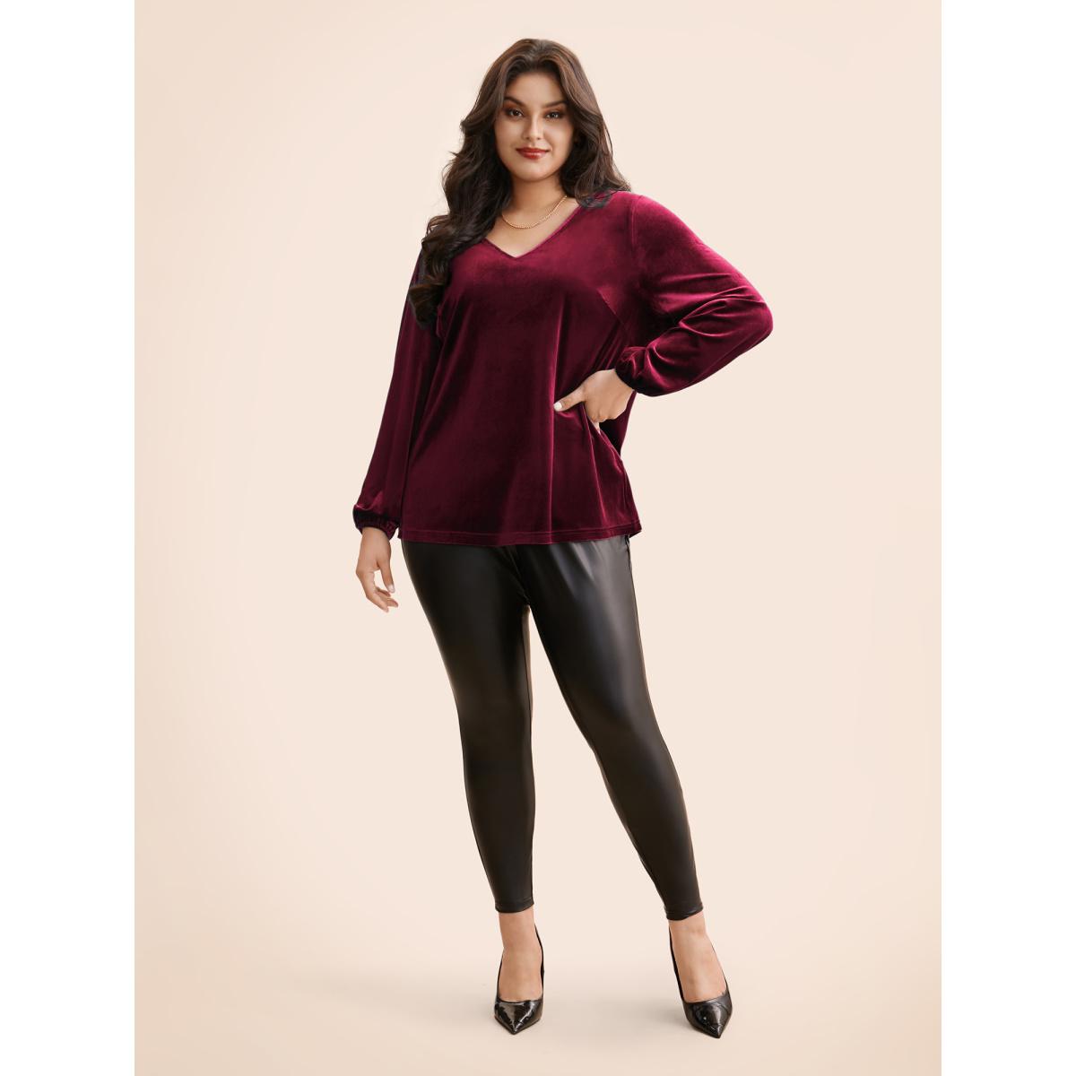Plus Size Burgundy V Neck Velvet Lantern Sleeve Blouse Women Elegant Long Sleeve V-neck Everyday Blouses BloomChic 10/M Product Image