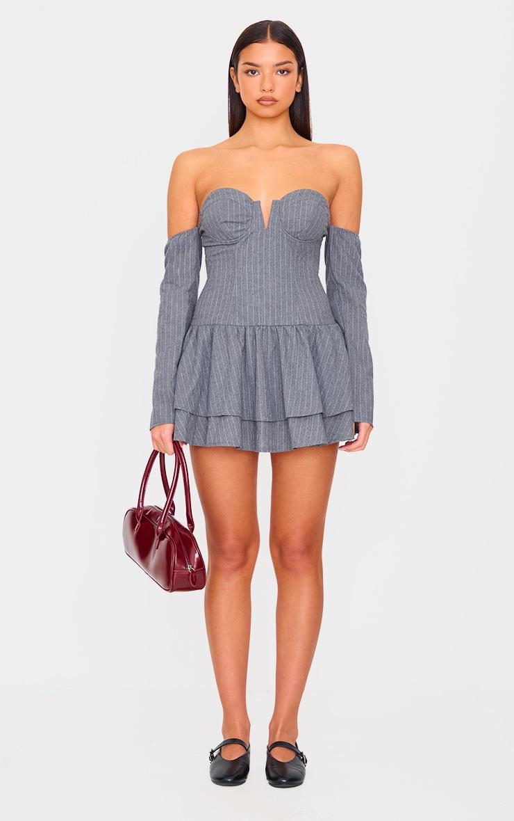 Light Grey Pinstripe Cup Detail Bardot Shift Dress Product Image