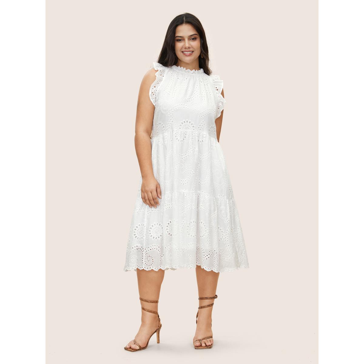 Plus Size Mock Neck Broderie Anglaise Ruffle Trim Dress White Women Resort Patchwork Round Neck Cap Sleeve Curvy Midi Dress BloomChic 10/M Product Image