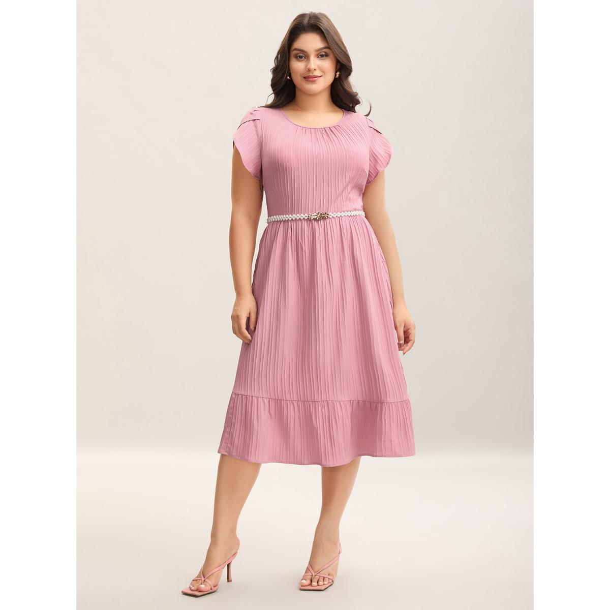 Plus Size Textured Petal Sleeve Pockets Midi Dress Blush Women Elegant Gathered Round Neck Short sleeve Curvy BloomChic 18-20/2X Product Image
