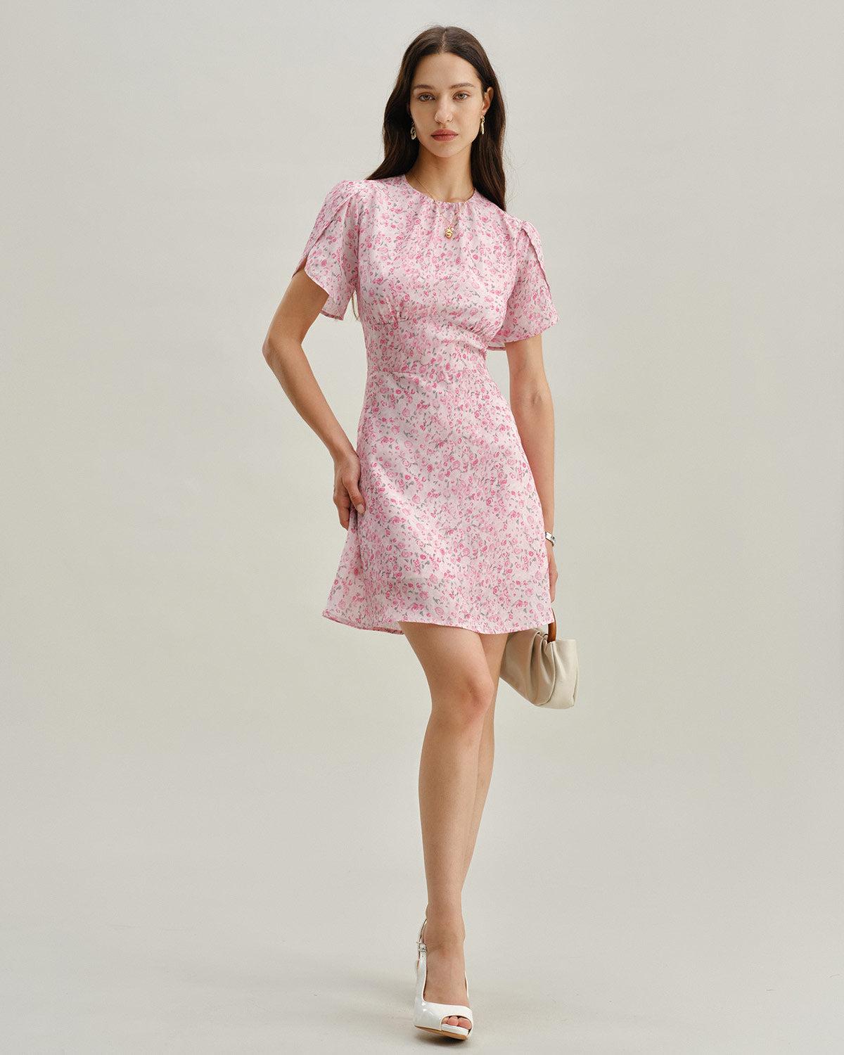 Pink Floral Round Neck Pleated Mini Dress Product Image