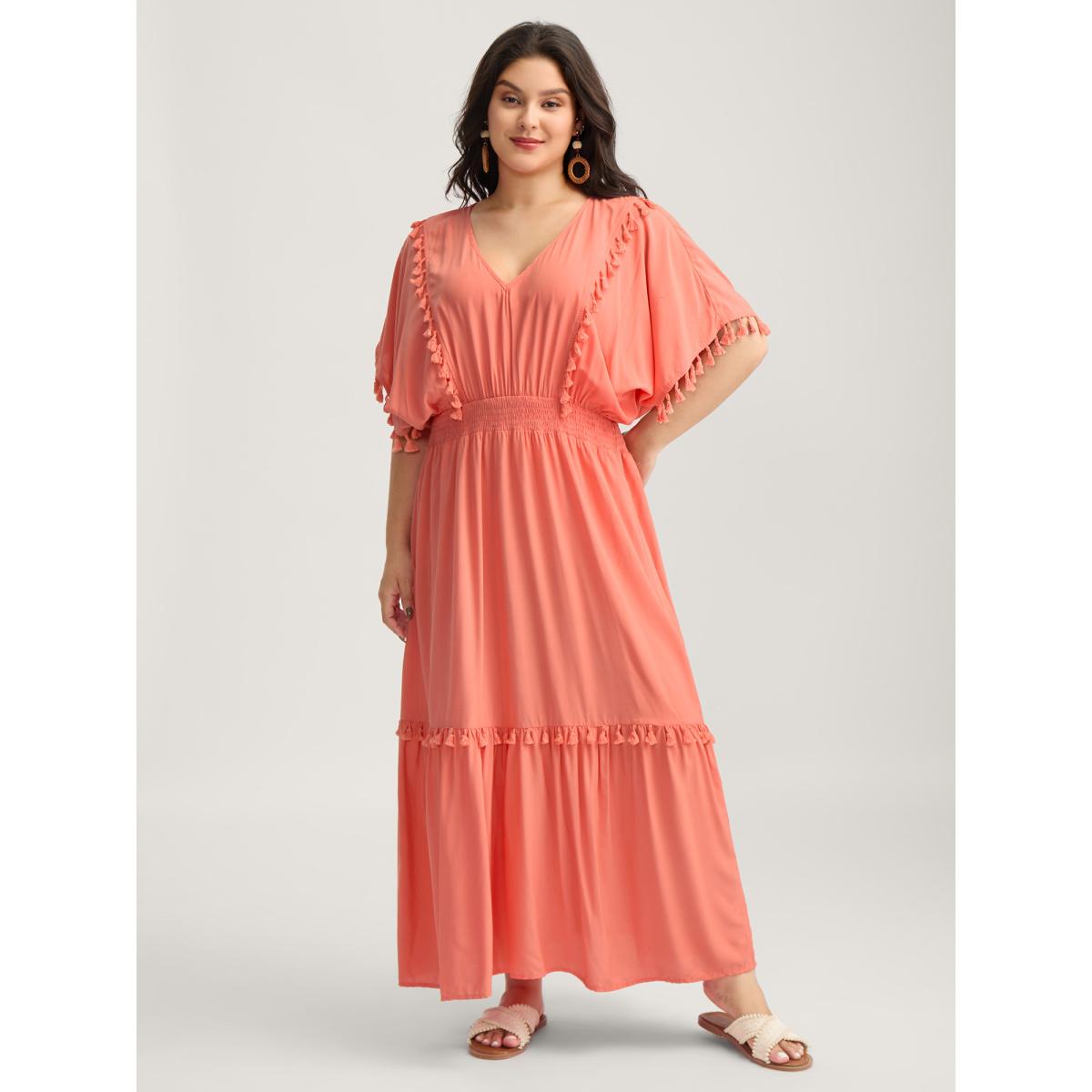 Plus Size Shirred Waist Tassels Tiered Solid Maxi Dress Coral Women V-neck Sleeveless Curvy BloomChic 12/L Product Image