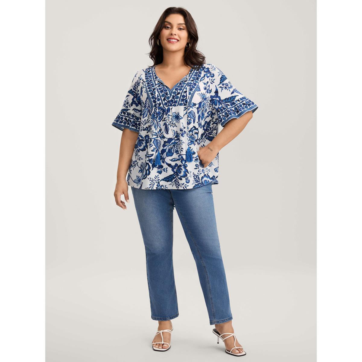 Plus Size Mediumblue Floral Print Neck Tassels Blouse Women Boho Half Sleeve V-neck Vacation Blouses BloomChic 28/5X Product Image