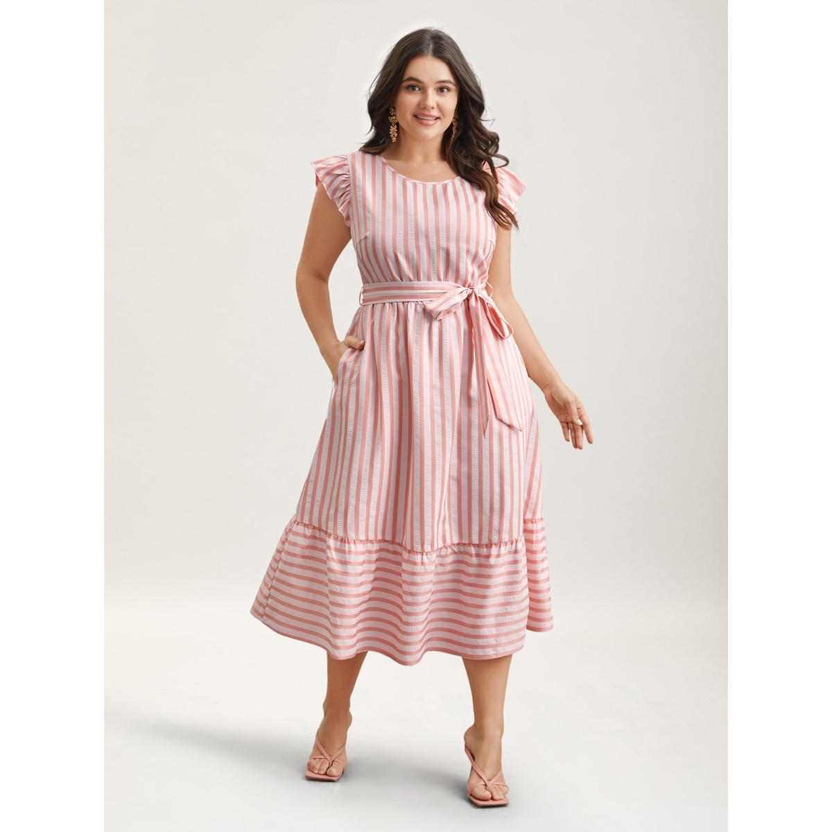 Plus Size Pastel Stripes Belted Pockets Midi Dress Multicolor Women Timeless Belted Round Neck Cap Sleeve Curvy BloomChic 26/4X Product Image
