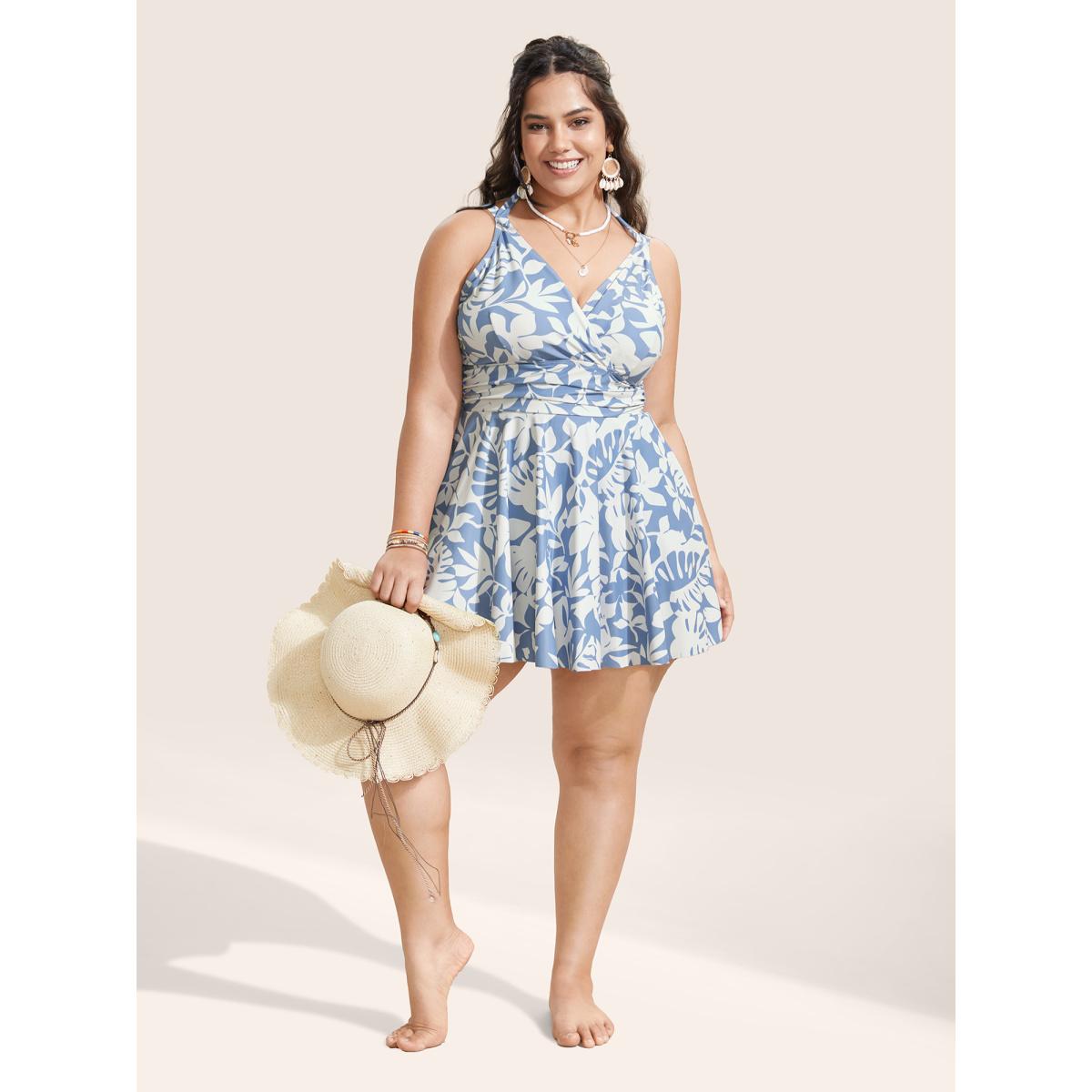 Plus Size Overlap Collar Silhouette Floral Print Swim Dress Women's Swimwear LightBlue Beach Bodycon Overlap Collar High stretch Curve Swim Dresses BloomChic 26/4X Product Image
