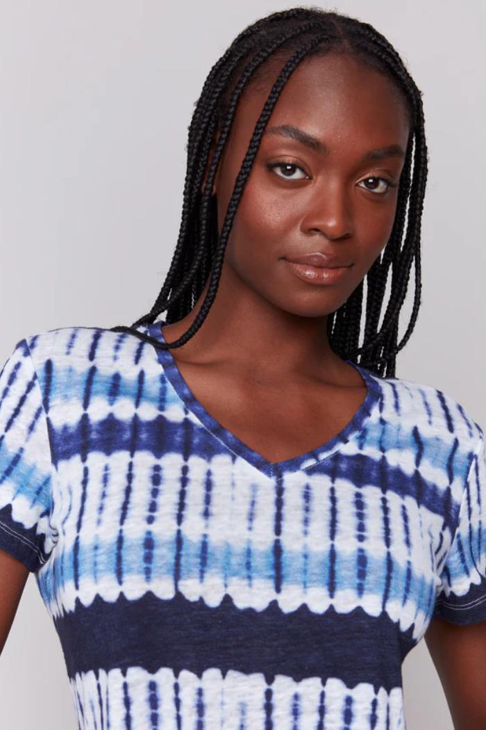 Printed Linen Blend V-Neck T-Shirt Product Image